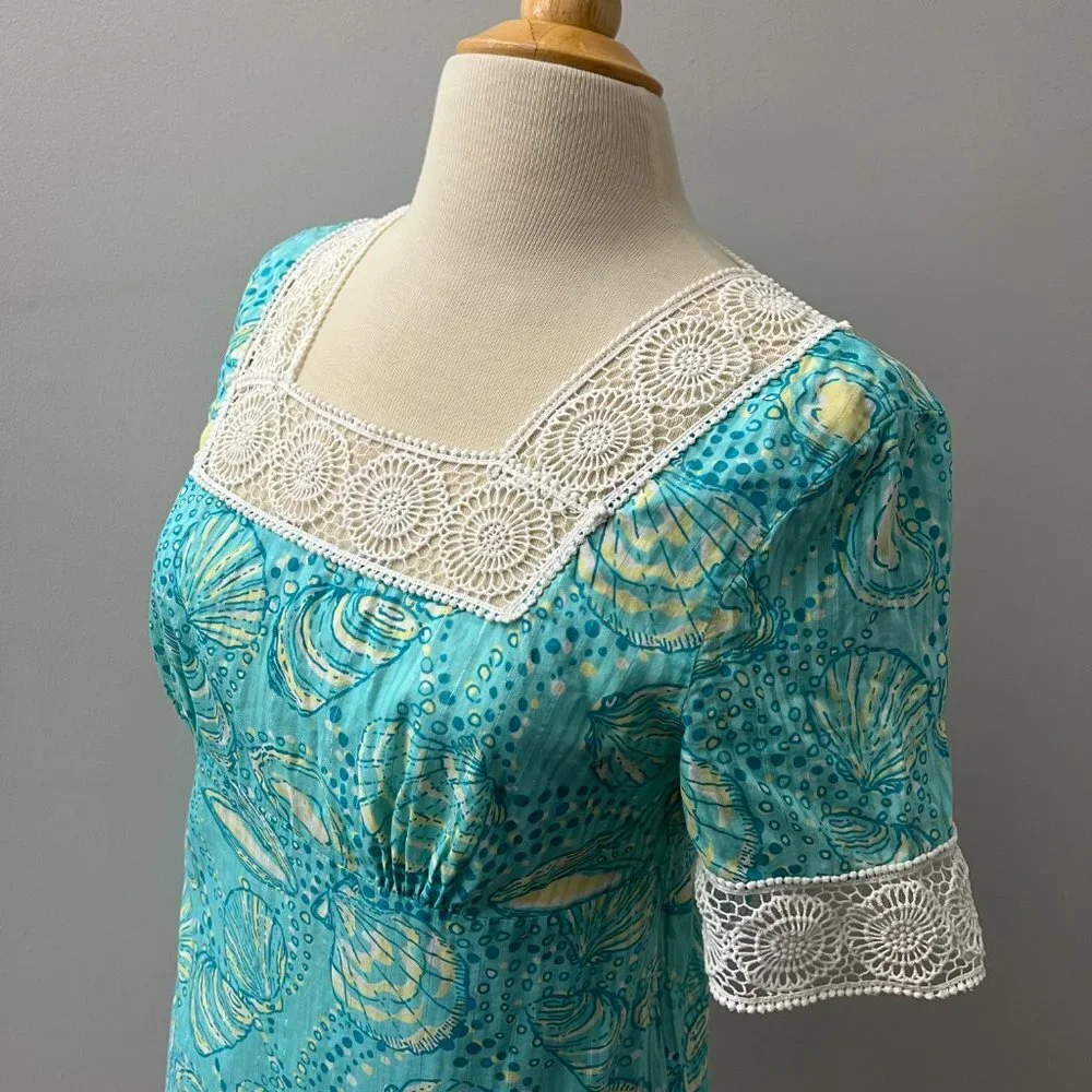 Lilly Pulitzer Aqua Seashell Print Crochet Lace Dress Sz S
